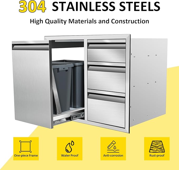 Outdoor Kitchen Door Drawer Combo Cabinet 28" W x 22" H x 19.5" D Stainless Steel Built-in Triple Drawers&Left Trash Drawer Combo Cabinet for Outdoor Kitchen Island, Patio Grill Station