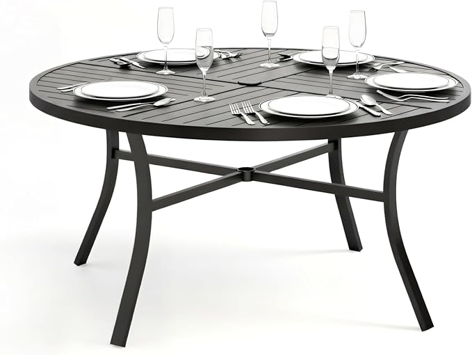 PHI VILLA Outdoor Round Dining Table for 6, 54" Large Metal Wrought Iron Table with Umbrella Hole, All Weather Furniture for Patio, Deck, Yard, Porch - Black
