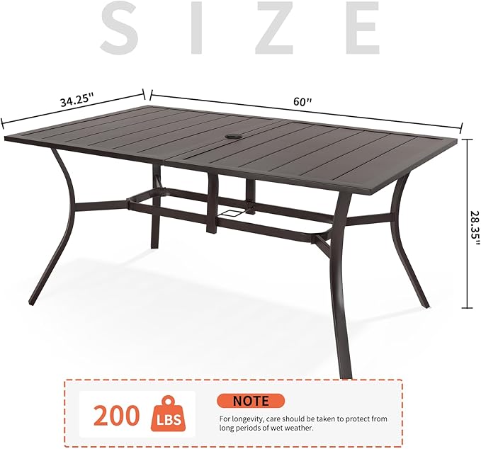 Outdoor Metal Steel Rectangle Patio Dining Table, 6 Person Patio Table with Adjustable Umbrella Hole, Weather-Resistant for Garden Backyard Porch, Dark Brown