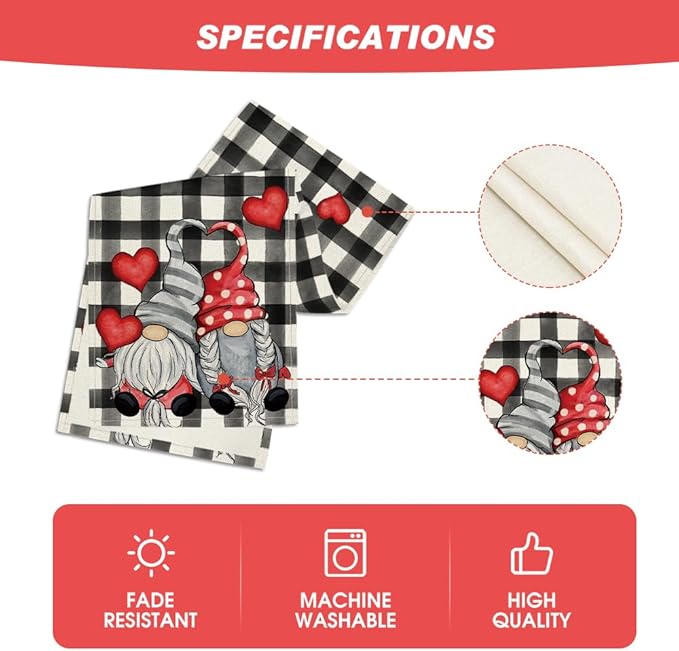Artoid Mode Watercolor Buffalo Plaid Hearts Gnomes Love Valentine's Table Runner, Seasonal Anniversary Wedding HoliKitchen Dining Table Decoration for Indoor Outdoor Home Decor 13 x 36 Inch
