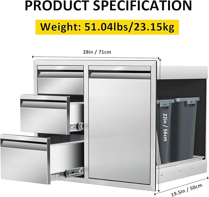 Outdoor Kitchen Door Drawer Combo Cabinet 28" W x 22" H x 19.5" D Stainless Steel Built-in Triple Drawers&Right Trash Drawer Combo Cabinet for Outdoor Kitchen Island, Patio Grill Station
