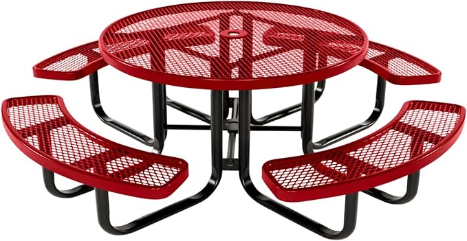 COATEDOUTDOORFURNITURE Heavy-Duty Portable Outdoor Kids Table with Umbrella Hole, Expanded Metal Kids Picnic Table, Commercial-Grade, Made in America (46 in, Round, Childrens, Textured Red)