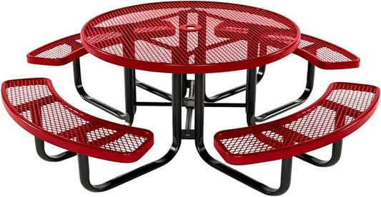 COATEDOUTDOORFURNITURE Heavy-Duty Portable Outdoor Kids Table with Umbrella Hole, Expanded Metal Kids Picnic Table, Commercial-Grade, Made in America (46 in, Round, Childrens, Textured Red)