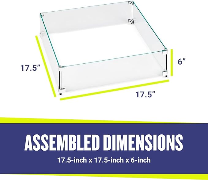 American Fireglass Tempered Glass Flame Guard for 12" Square Drop-in Fire Pit Pans | Outdoor Wind Guard with Aluminum Fire-Resistant Brackets & Non-Slip Feet | 17.5-inch x 17.5-inch x 6-inch
