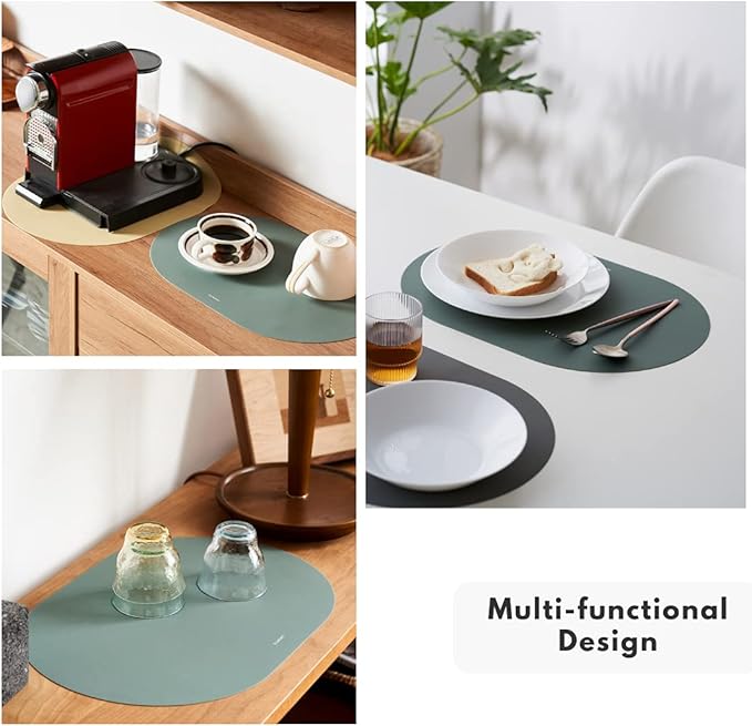 Grey Oval Silicone Placemats Set of 4 – Heat Resistant, Waterproof, Easy to Clean Non-Slip Modern Dining Table Mats – Premium Leather Textured Japandi Kitchen Decor