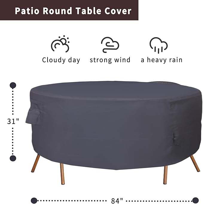 Round Patio Furniture Cover, Heavy Duty and Waterproof for Outdoor Furniture covers, Round outdoor table cover, Patio table cover 84"DIA x 31"H Black