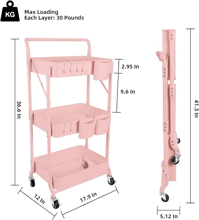 3-Tier Folding Rolling Utility Cart with Wheels, Metal Foldable Storage Cart Organizer with 3 Hanging Cups & 6 Hooks for Kitchen, Office, Living Room, Nursery(Pink)