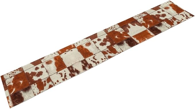 Cow Print Table Runner, Brown Cowhide Print Collage Fur Western Style Table Runner Country Farmhouse Cottage Cow Pattern Linen Table Decoration for Home Kitchen Dining 13x90