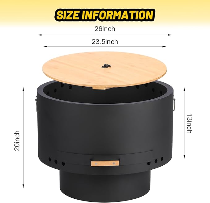 GarveeLife 26 in Smokeless Fire Pit with Removable Ash Pan, Wood Burning Firepit Table with Lid&Fire Poker,Smokeless Outdoor Fireplace with Dust Bag, Outdoor Fire Pits for BBQ, Table, Bonfire, Camping