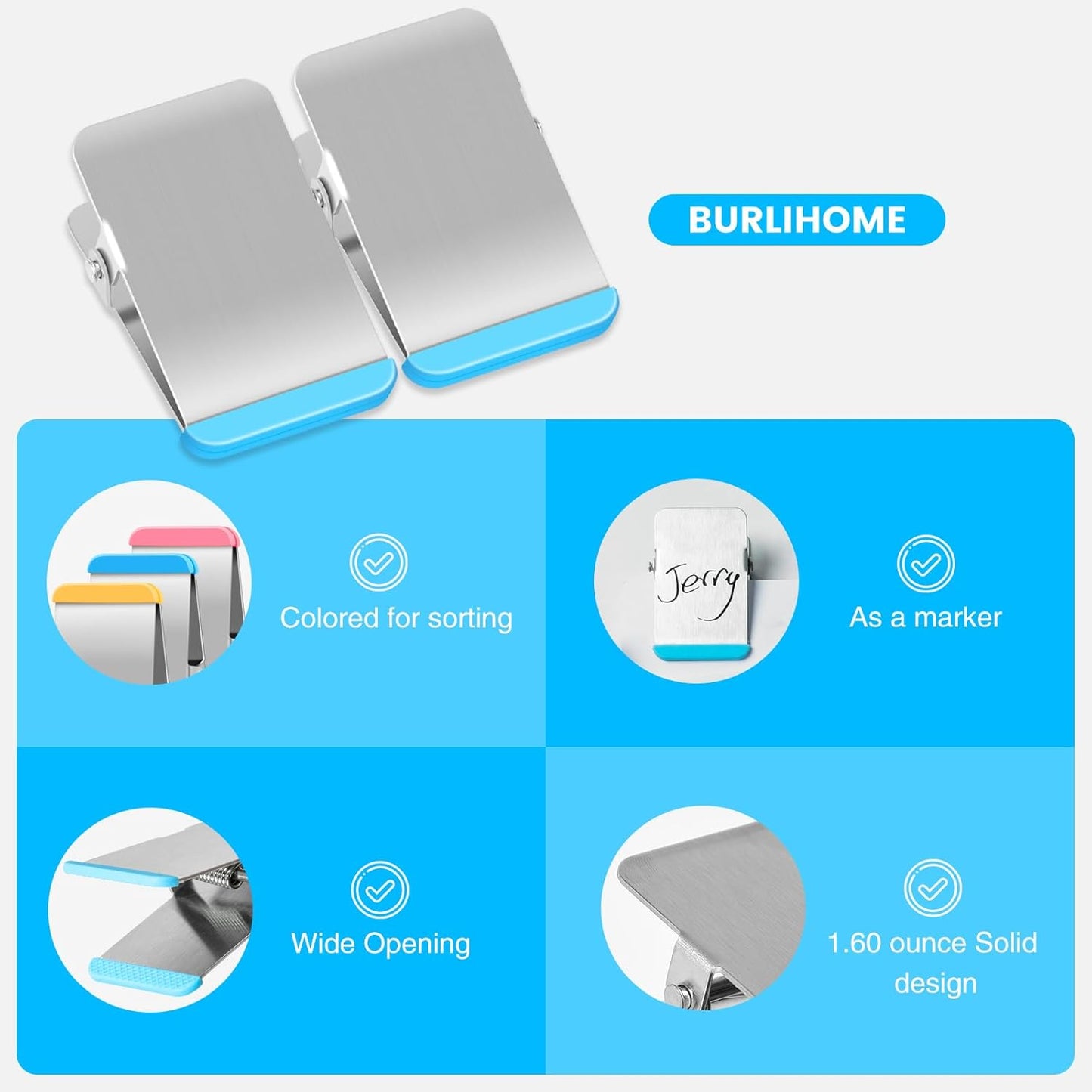 Chip Clips Heavy Duty, 12 Pack Chip Bag Clip with Colored Silicone, Stainless Steel Bag Clips for Food Snack, Flat Metal Clamp for Office Kitchen