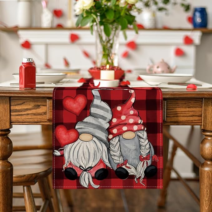 Artoid Mode Red Black Buffalo Plaid Heart Gnomes Love Valentine's Table Runner, Kitchen Dining Table Decoration for Home Party Decor 13x72 Inch