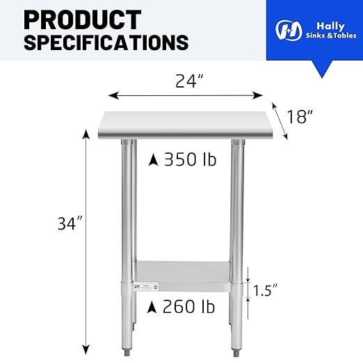 Hally Stainless Steel Table for Prep & Work 18 x 24 Inches, NSF Commercial Heavy Duty Table with Undershelf and Galvanized Legs for Restaurant, Home and Hotel