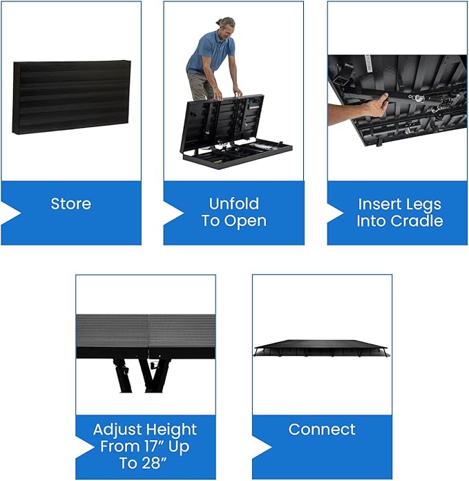 8'x16' MYSTAGE 8 Stage Platform - Portable, Folding Lightweight Aluminum Performance Deck with Adjustable Height 17"-28" - US Patented Design