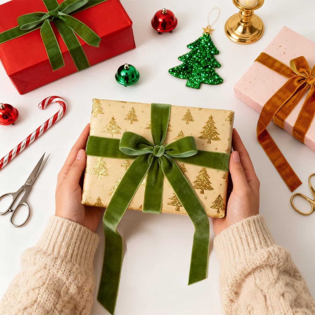 Mousse Green Velvet Ribbon, 1 Inch x 20 Yards Single Faced Mousse Green Ribbon for Gift Wrapping, Bow Making, Christmas Tree Decorations, Wreath Making and DIY Crafts (10 Yards Each Roll)