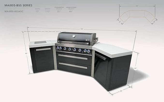 Mont Alpi MAi805-BSS45 44-inch 6-Burner 115000 BTU 45 Degree Black Stainless Steel Gas Outdoor Kitchen Bar Island Grill w/Infrared Side & Rear Burners + Granite Countertops + Storage Drawers