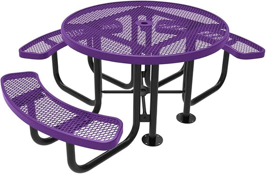 COATEDOUTDOORFURNITURE Heavy-Duty Portable Outdoor Picnic Table with Umbrella Hole, Expanded Metal Patio Dining Furniture Made in America (46" Round Top, Purple)