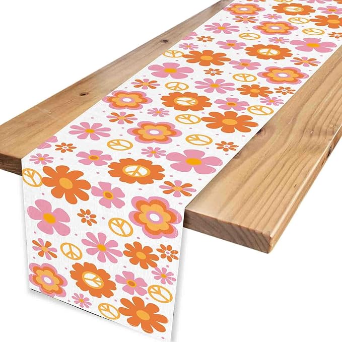 Groovy Floral Table Runner, Retro 70s Hippie Floral Funky Pink Cute Flower Trippy Coffee Table Center Decor for Home Kitchen Dining Patio Holiday Party Indoor Outdoor Table Decorations, 13"x90" Inch