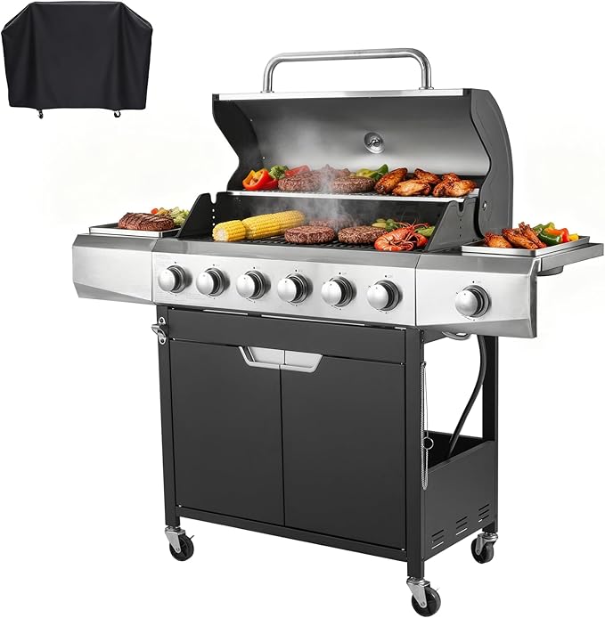 Endark Upgraded 68,500 BTU 6-Burner Stainless Steel Propane Gas Grill – Outdoor BBQ Grill with Side Burner & Porcelain Grates, Barbecue Grill Wheeled for Patio, Garden, Backyard