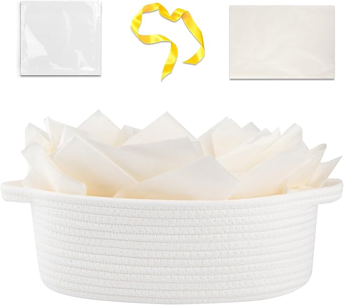 OIAHOMY Gift Basket Empty with Handle, 12"x 8"x 5" Small Woven Basket with Gift Bag, Ribbon and Wrap Tissue Paper, Dog Toy Storage for Organizing - White