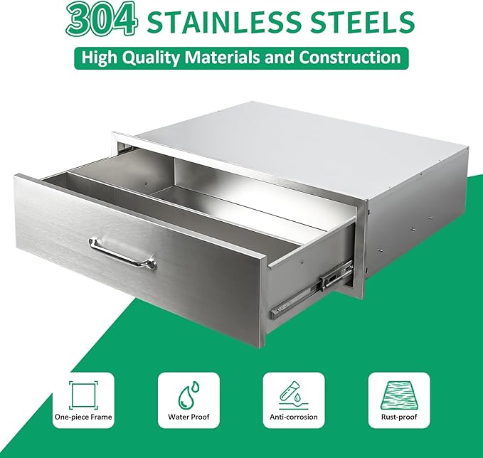 Outdoor Kitchen Drawers 30" W x 10" H x 23" D Stainless Steel Single Drawers with Ergonomic Handle for BBQ Island, Patio Grill Station & Outdoor Kitchen Cabinets