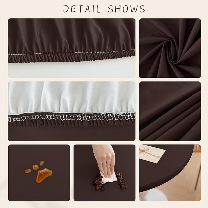 Round Fitted PU Tablecloth with High Elastic Edge 39 Inch Dia Waterproof Oil Proof Table Cloth Anti-Scald Stain-Resistant Wipeable Table Cover for Indoor Outdoor Picnic (Coffee,39" Dia)