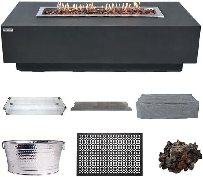 Elementi Granville Dark Grey Fire Pit Outdoor Firepit Set Includes 60” Natural Gas Concrete Firepit Table, Glass Windscreen, Stainless Steel & Canvas Cover, Floor Mat and Beverage Tub
