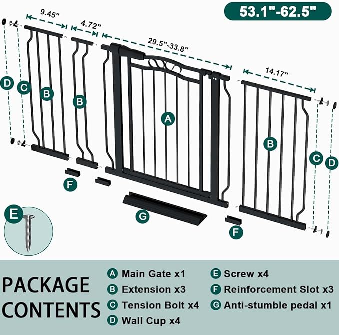 Fairy Baby 53.1"-62.5" Extra Wide Baby Gates for Stairs & Doorways, Pressure Mounted Baby Safety Child Gate No Drill, Long Dog Gate with Door Walk Thru, Metal Auto Close Large Pet Gate Indoor, Black