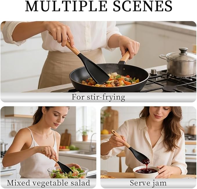 2-Pack Cedar and Ash Spoonula, Multifunction Spatula Cooking Spoon,Non stick Flat Serving Spoons, Heat Resistant Kitchen Cucharras for Mixing, Stiring, Scooping, Scraping, Basting (Black)
