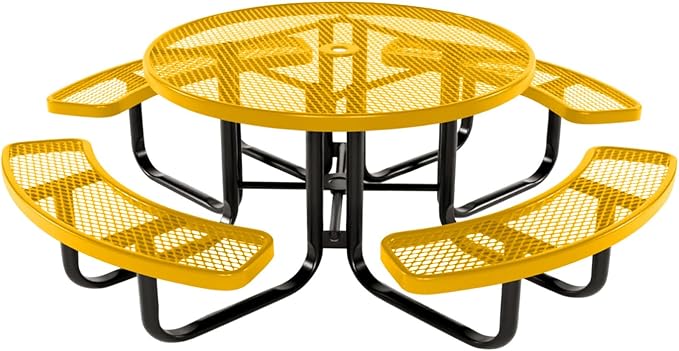COATEDOUTDOORFURNITURE Heavy-Duty Portable Outdoor Kids Table with Umbrella Hole, Expanded Metal Kids Picnic Table, Commercial-Grade, Made in America (46 in, Round, Childrens, Yellow)