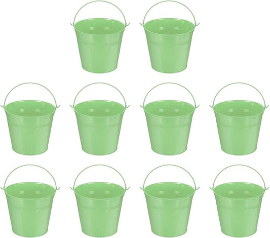 Small Metal Buckets, Mini Buckets with Handle Galvanized Colored Tin Pail Containers Basket Party Supplies - Fit for (Halloween - Classroom Crafts) 5" & 10Pcs & Light Green