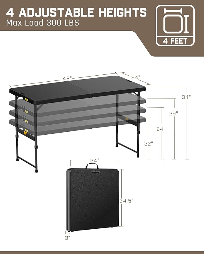 FanttikOutdoor 4ft Portable Folding Table, One-Handed Height Adjustment, 4 Heights, Gravity Lock, Carry Handle, Indoor Outdoor Heavy Duty Fold-in-Half Utility Table, Party, 1 Pack, Black Zeta X4 Pro