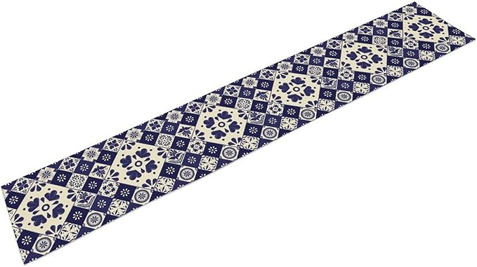 Mexican Table Runner, Blue Floral Birds Mexico Talavera Ceramic Dia De Los Muertos Coffee Table Center Decor for Family Home Kitchen and Dining Farmhouse Indoor Outdoor Table Decorations, 13" X 90"