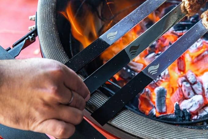 1” Wide Flat Cast Iron Skewers (Set of 5) – Heavy-Duty BBQ Sticks in 22”, 27”, 32” – Koobideh, Tandoori, Kebab Grilling – With Storage Bag – By India’s BBQ (32 inches)