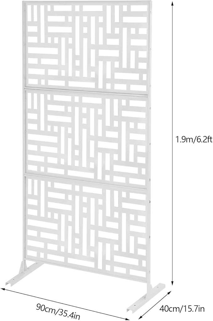 Outdoor Metal Privacy Screen with Stand, 35.4" W x 75" H Freestanding Metal Slatted Decorative Privacy Screen and Panels for Patio Garden Balcony Porch (White A)