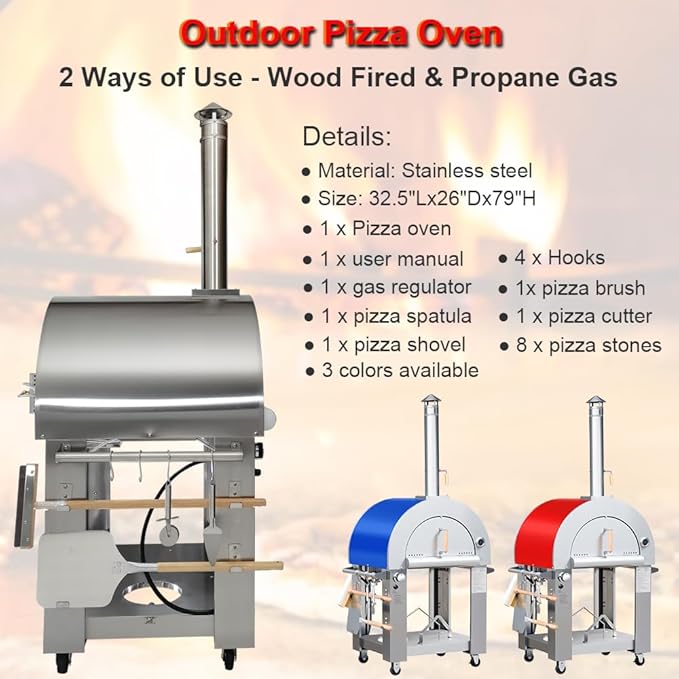 32.5" Wood Fired & Propane Gas Pizza Oven with Open Shelf and Wheels, Large Outdoor Oven for BBQ, Grilling, Stainless Steel Pizza Oven for Outdoor, Backyard and Party (Silver without Cover)