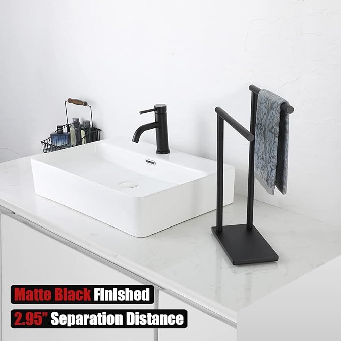 JQK Hand Towel Holder Stand Black, Modern Tree Rack Free Standing for Countertop with 12 Inch 2 Bars, 304 Stainless Steel Matte Black 9.45x5.12 Inch Base, HTT172-PB
