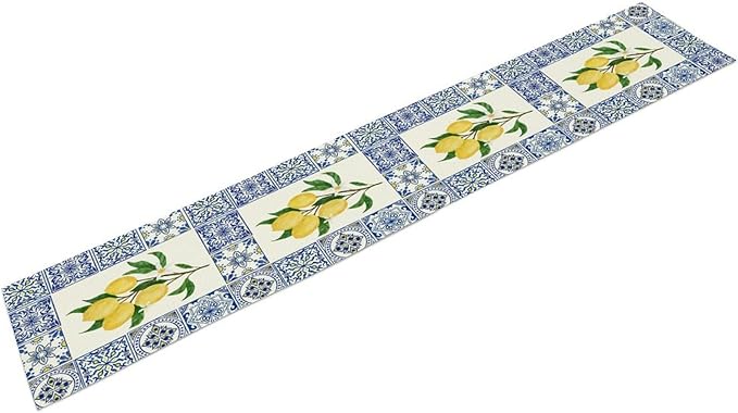 Yellow Lemon Table Runner, Blue Tiles Summer Holiday Tasty Fruit Healthy Fruit Vintage Watercolor Rustic Botanic Table Cover for Party Picnic Dining Room Kitchen, 13x108inch