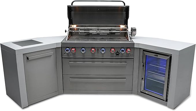 Mont Alpi 805 6-Burner 115000 BTU MAi805-D45FC U-shaped Stainless Steel Deluxe Modular Outdoor Kitchen BBQ Island Grill + Fridge Cabinet - 2 Infrared Burners, White Granite Countertops, Rotisserie Kit