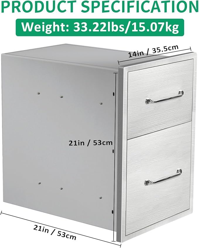 Outdoor Kitchen Drawers 14" W x 21" H x 21" D Stainless Steel Double Drawers with Ergonomic Handle for BBQ Island, Patio Grill Station & Outdoor Kitchen Cabinets