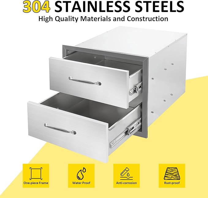 Outdoor Kitchen Drawers 18" W x 15" H x 23" D Flush Mount Double layer BBQ Drawers with Chrome Handle,Stainless Steel Built-in 2-Drawer for Outdoor Kitchen Island, Patio Grill Station