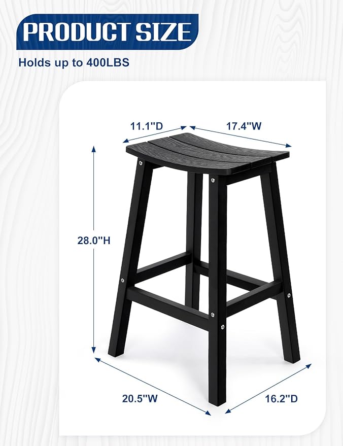 Weatherproof Bar Stools Set of 2, 28" Height Outdoor Bar Stools Holds up to 400 lbs, Saddle Seat, Bar Height Stools for Patio, Garden, and Kitchen Island, Black
