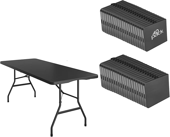 40 Pack of 6 Foot Foldable Table with Built in Handle & Steel Legs ,Heavy Duty Portable ,Perfect for Party, Dining, Wedding, Events, Picnic Indoor, Outdoor, Camping, Utility, Folding(Black-40pac)