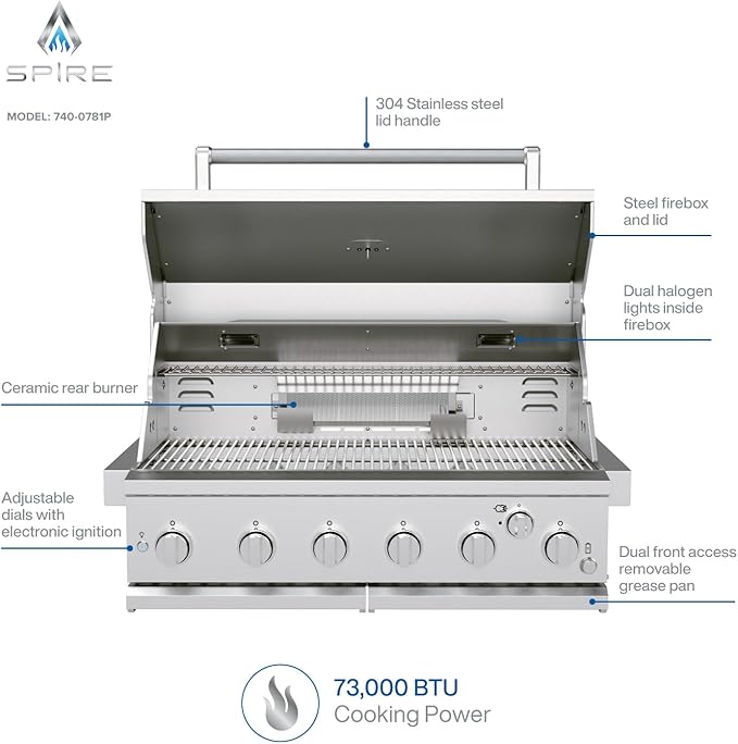 Spire Premium 6 Burner Built In Gas Grill Island Head, Stainless Steel 36 Inch Propane Grill with Rear Burner, 73,000 BTUs, 904 SQ In Racks with Dual Fuel Compatibility - 740-0781P