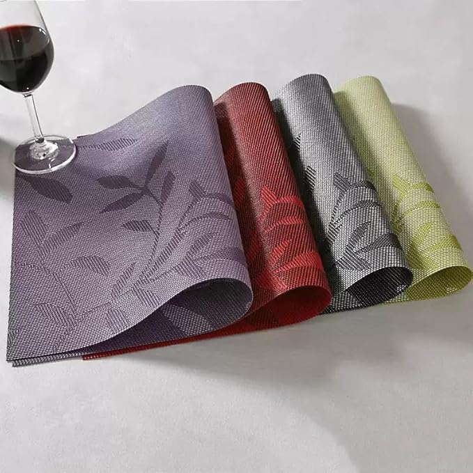 Leaf Placemats Set of 8, Non-Slip Heat-Resistant 18" x 12" Vinyl Washable Placemats for Kitchen Indoor Outdoor Party Birthdays Weddings Decoration (Black)
