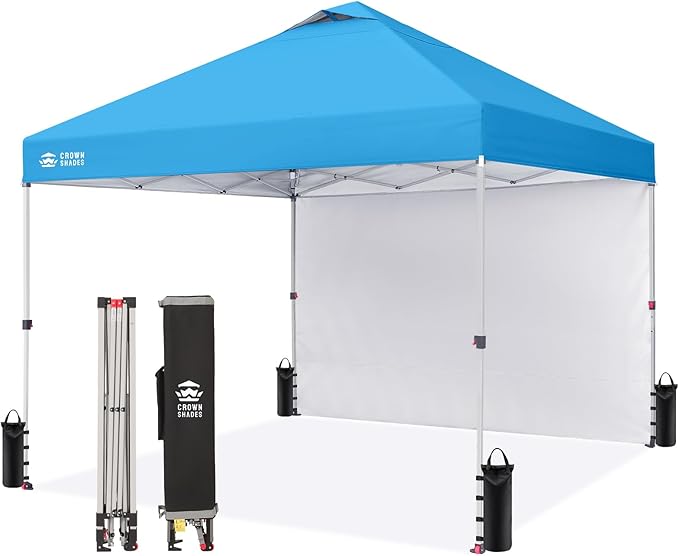 CROWN SHADES 10x10 Pop Up Canopy with 1 Side Wall - Beach Tent with One Push Setup - Outdoor Sun Shade for Events, Parties, Camping - Gazebo with STO-N-Go Cover Bag (Sky Blue)