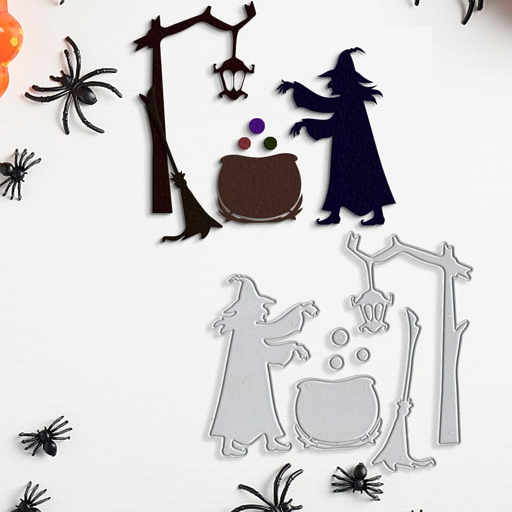 Metal Halloween Cauldron Potion Witch Die Cuts Tree Cutting Dies Embossing Stencil Template for Card Making Scrapbooking Paper Craft Album Stamps DIY Halloween Décor