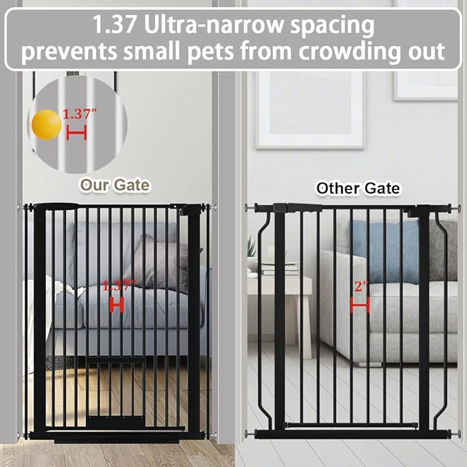 40.55" Tall 1.37" Ultra Narrow Spacing Dogs Pets Baby Gate with Door for Doorway Cat Safety Proof Indoor 57.68-73.43" Extra Wide Puppy Pressure Mounted No Drill White Black Metal Hallway