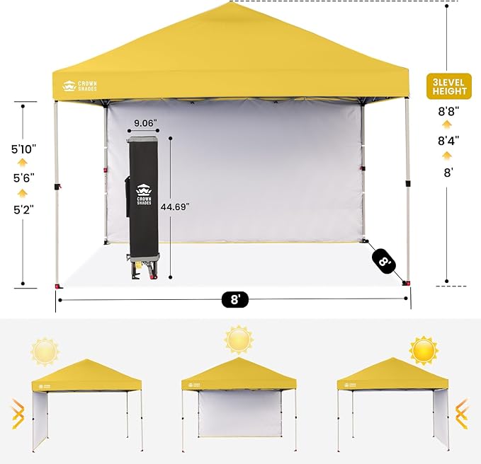 CROWN SHADES 8x8 Pop Up Canopy with 1 Side Wall - Beach Tent with One Push Setup - Outdoor Sun Shade for Events, Parties, Camping - Gazebo with STO-N-Go Cover Bag (Yellow)