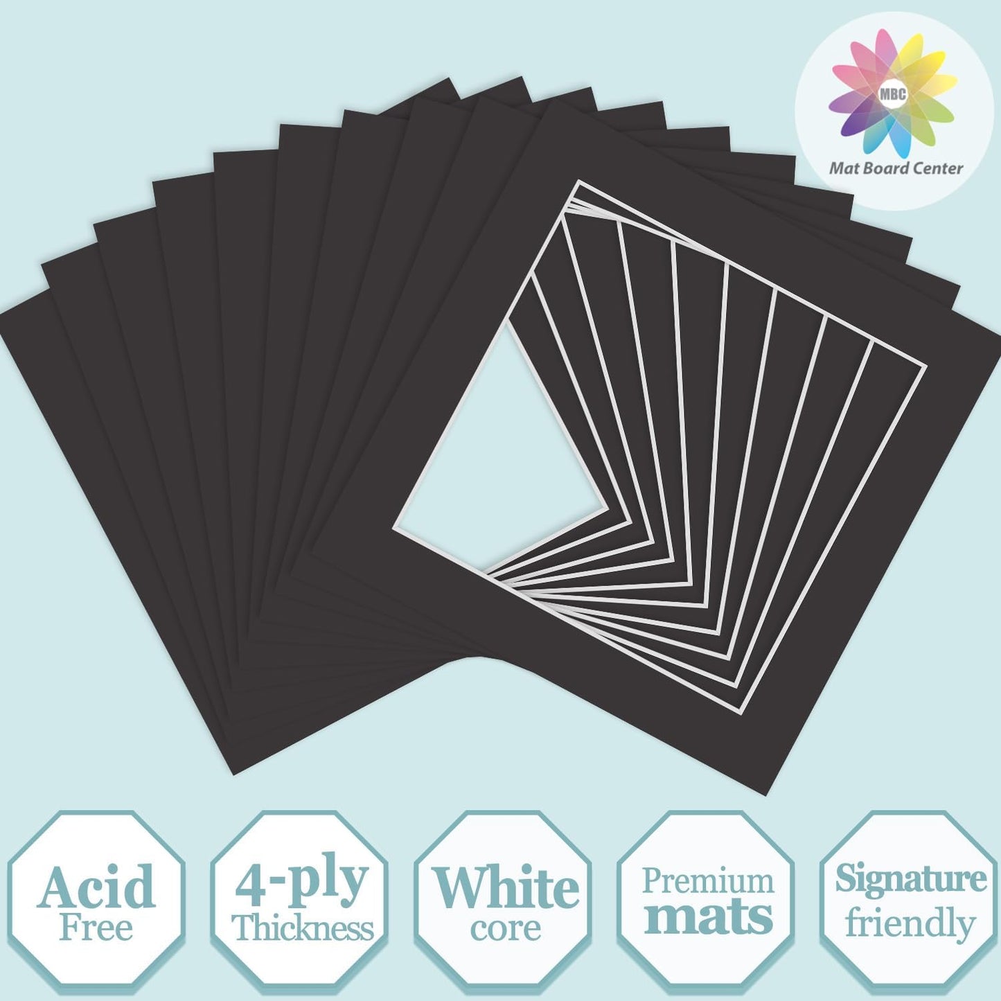 MBC Mat Board Center, 10 Pack 10x10 for 8x8 Black Picture Mats Frame Mattes, Bevel Cut, Acid Free, 4-ply Thickness