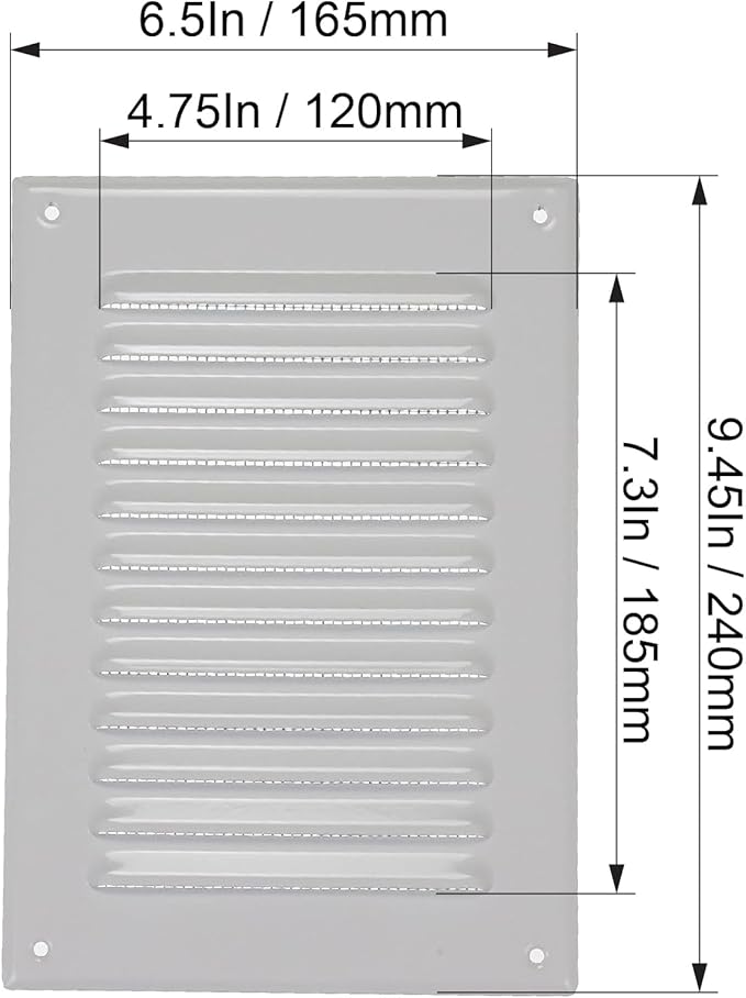 Square Ventilation Grille / 5" x 7" Inch Inside Measurement/White Metal Air Vent Louver - Inside/Outside use / 6.5" x 9.5" Inch Outer Measurement